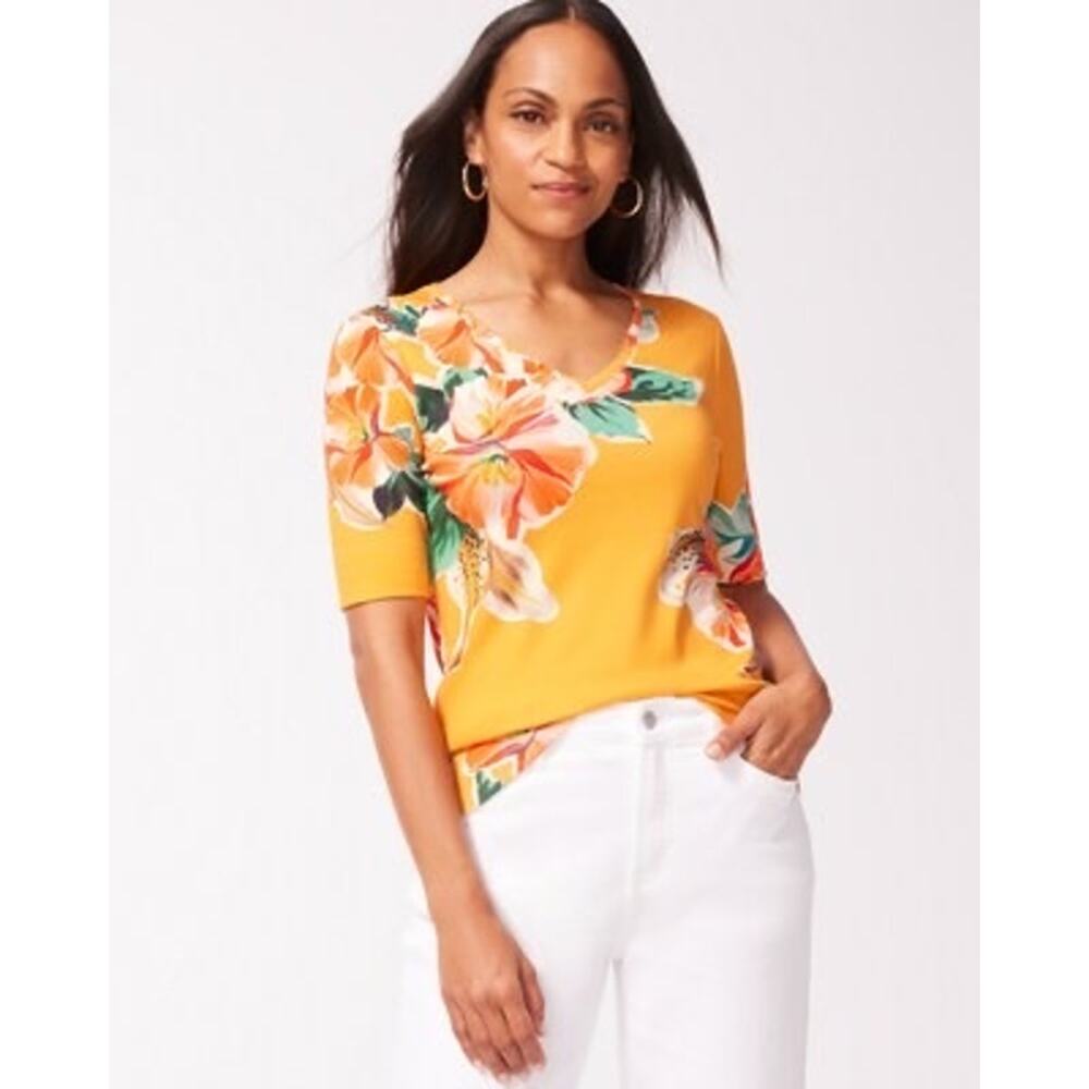 CHICOS Pima Cotton Lilies Everyday Tee Size Large Top Floral Blouse Cottagecore
